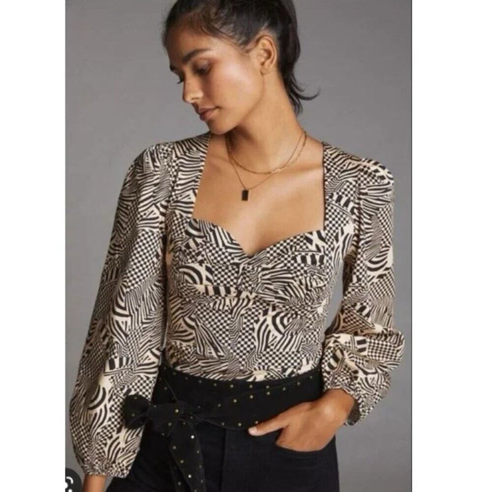 Farm Rio Black & White Abstract Zebra Print Sweetheart Neck Long Sleeve Blouse L